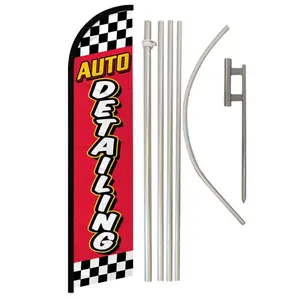 Auto Detailing (Red Checkered) Windless Banner Flag & Pole Kit