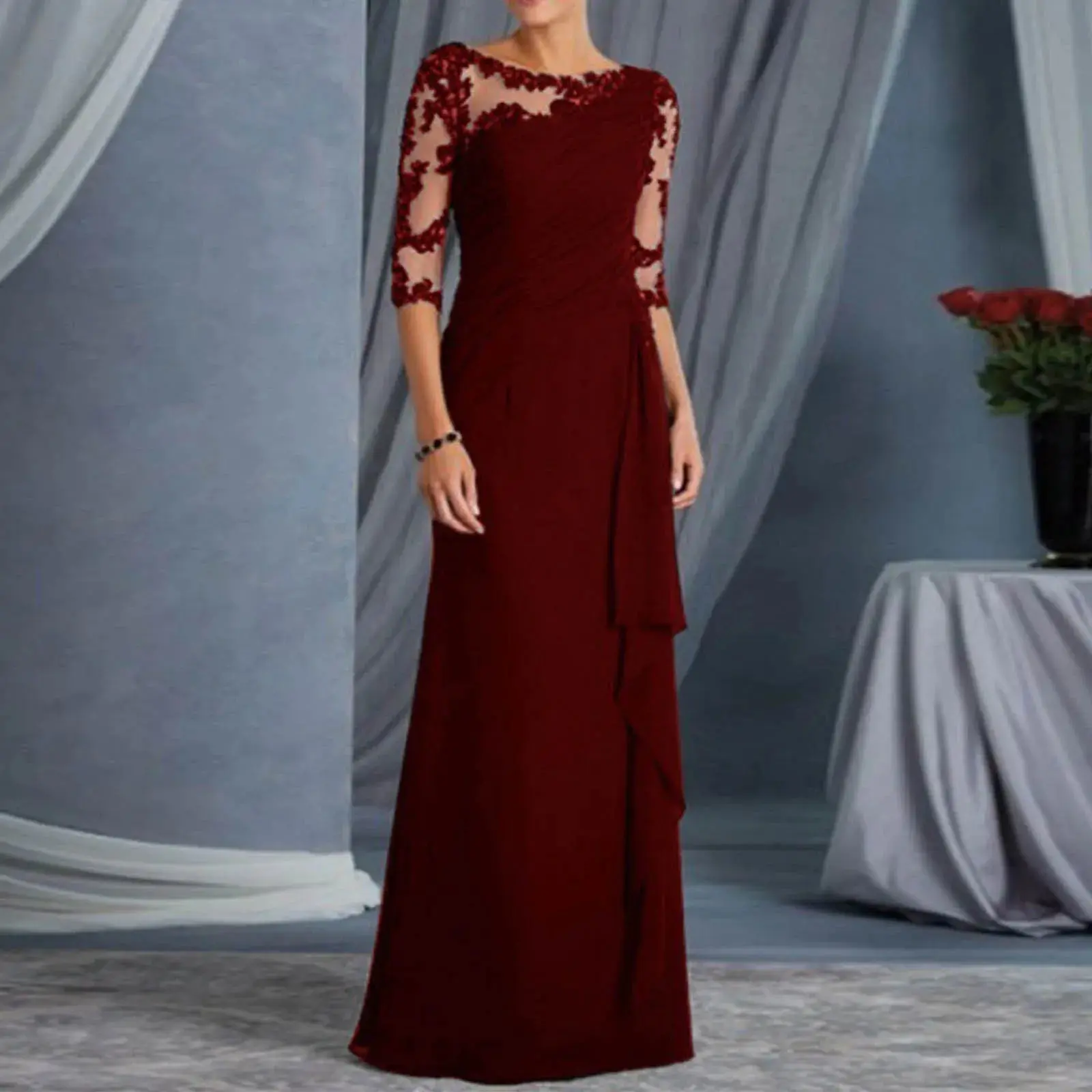 Elegant Party Dresses Woman Lace See Through Round Neck Mid Sleeve Formal Wedding Gowns For Women High Waisted Evening Dresses