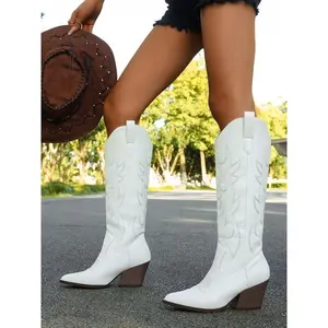 Women's Long Western Style Cowboy Boots, Fashion Embroidered Design Knee-High Boots, Outdoor & Vacation Wear, High-Quality Footwear