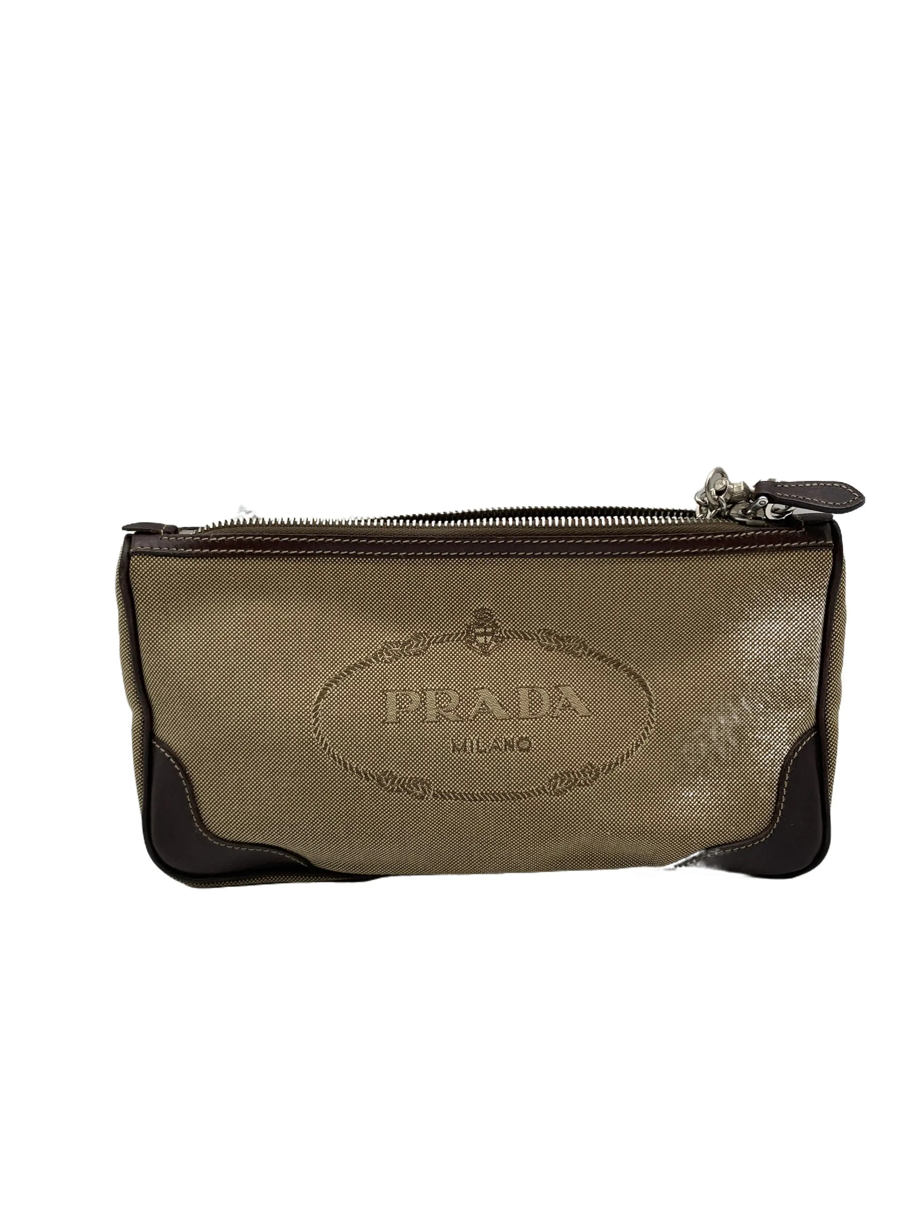 Pre-owned PRADA Brown Leather Trim Canvas Clutch/WJ05731002/1002