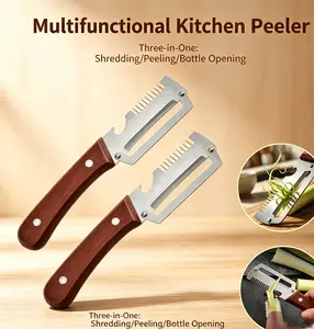 Vegetable Peeler for Kitchen, Multi-Functional Wooden Handle Bottle Opener,Ultra-Sharp Stainless Steel Blade For Vegetables Fruits