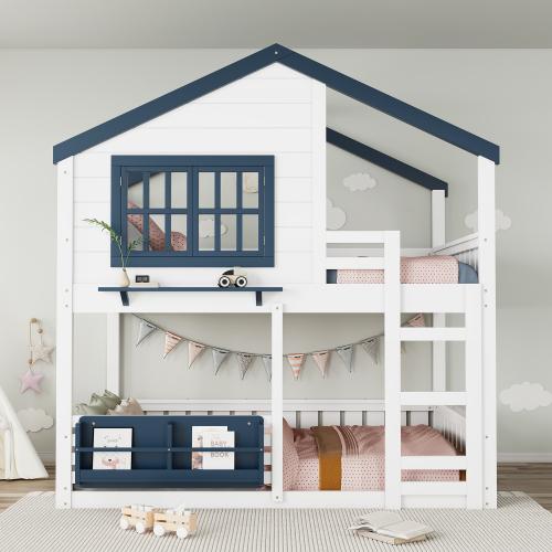 Bellemave  Bunk Bed/Loft Bed with Bookshelf, House Design, High-Quality Safety Fencing.The upper layer is used as a sleeping area, while the lower layer can be flexibly configured as a gaming area, learning area, storage space, or additional sleeping area