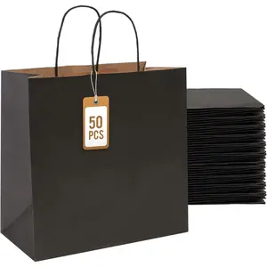 50 count Black  Bags with Handles, 11x6x11 Inch Square  Bags for Retail, Shopping, Party Favors, Father's Day, Events & Small Business | Sturdy & Versatile
