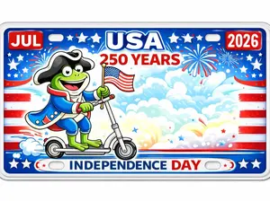 USA 250 Years License Plate, Cartoon Independence Day Design, Patriotic Frog Car Tag 1776–2026, Cute Americana Decor Gift for Kids and Families