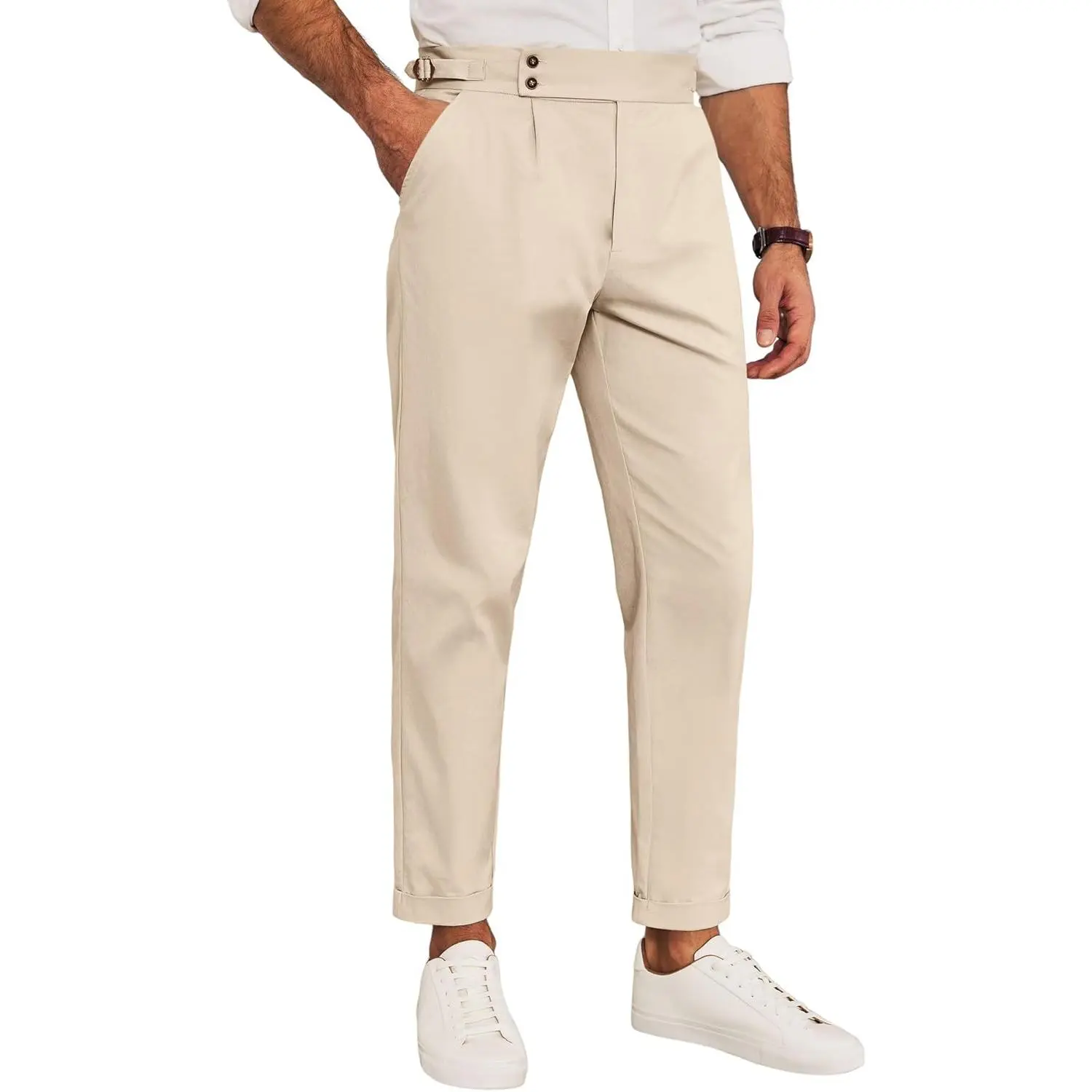 Runcati Mens Chinos Cotton Pants Slim Fit Pleated Front Dress Pants Casual Stretchy Tapered Trousers