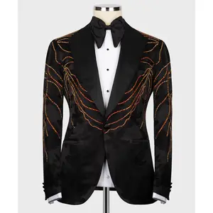 Handmade Golden Jacquard Fabric Embroidered Black Tuxedo