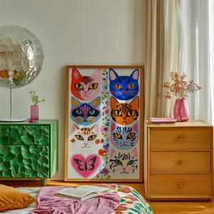 Wall Art, Eclectic Cat Portraits, Floral and Butterfly Cat Decor, Dopamine Decor Poster Unframed , Maximalist Cat Lover Gift, Colorful Bedroom Room Art