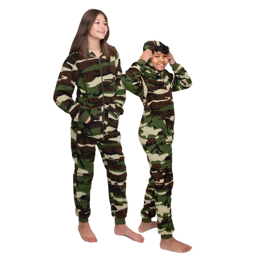 Hoodie Fleece Camouflage Onesie Jumpsuit Pajamas for Boys & Girls | One-Piece Footless