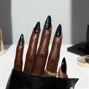 24pcs Medium Almond Fake Nails Cat Eye Glitter Nail Tips Black Stlye Press on Nails Irregular Pattern Art Nails