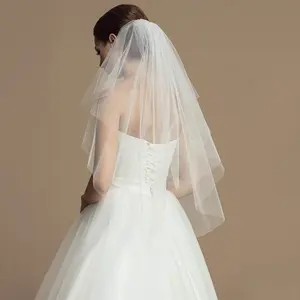 2 Tiers Bride Wedding Veil Short Fingertip Bridal Tulle Veil with Comb and Cut Edge (White)