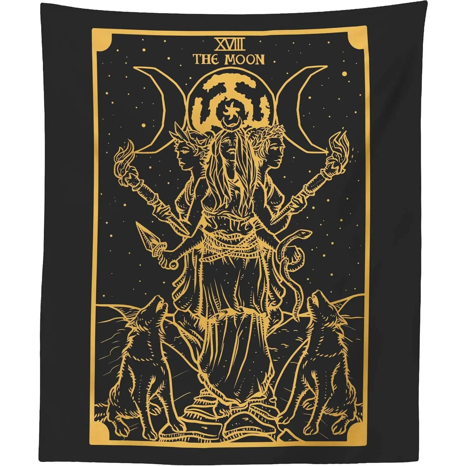 The Goddess Hecate Tarot Card Tapestry (Black & Gold) - Triple Moon Goddess of Witchcraft Hekate Wheel Pagan Witch Wall Hanging. Multiple sizes are available for selection.