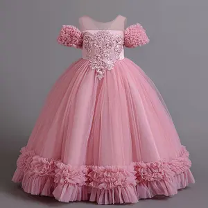 Pink Kids Clothes Beading Embroidered 179 Princess Long Ball Gown Frock Children Formal Evening Party Banquet Pageant Prom Host Cocktail Dress White Flower Girls 3-9Y