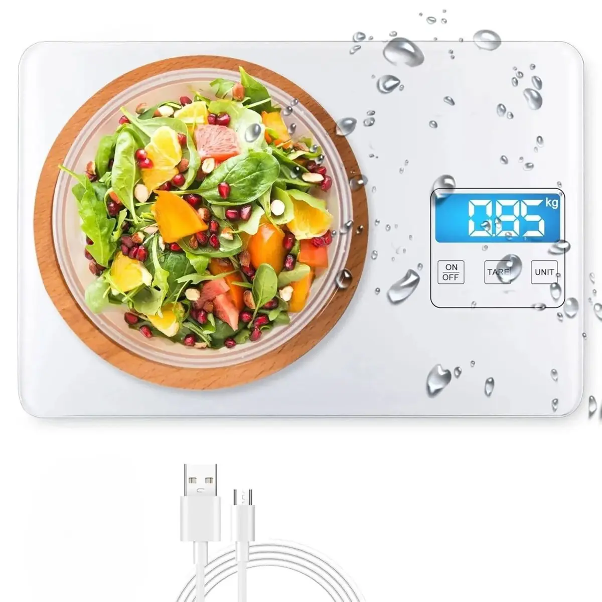 Digital Kitchen Precision Scale - 33lb Waterproof Rechargeable (USB Charging), 1g/0.04oz Graduation, 5 Units Conversion, Tare Function for Cooking, Baking