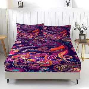 Dark purple retro cashew flower pattern printed fitted sheet and pillowcase combination, mysterious and gorgeous bedroom bedding, holiday birthday gift