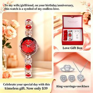 Clvmu Kiai Fashion Rhinestone Decor Stainless Steel Watch & Jewelry Set Necklace Earrings Ring Elegant Gift Box for Women Wife Girlfriend Birthday Anniversary Present