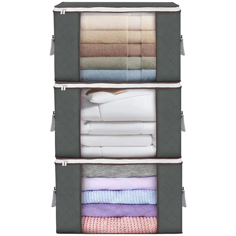 LMMAKE 1PC/3PCS Foldable Clothes Storage Organizer Bins with Lids - Double-Layer Handle, Soft Fabric, Dust&Pest Proof, Space Saving Bags for Bedroom, Closet, Room Storage Organiser for Organization Needs