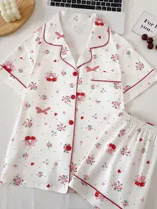 Two-Piece Cherry Rose Print Women's Pajamas, Soft Comfortable Fabric, Loose Fit Button Front, Short Sleeve Top and Shorts Set