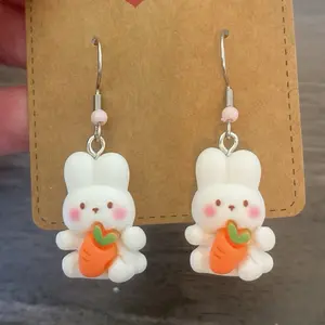Bunny Charm Earrings - Easter Bunny Design with Carrot Detail, White Color, Simple and Cute Style