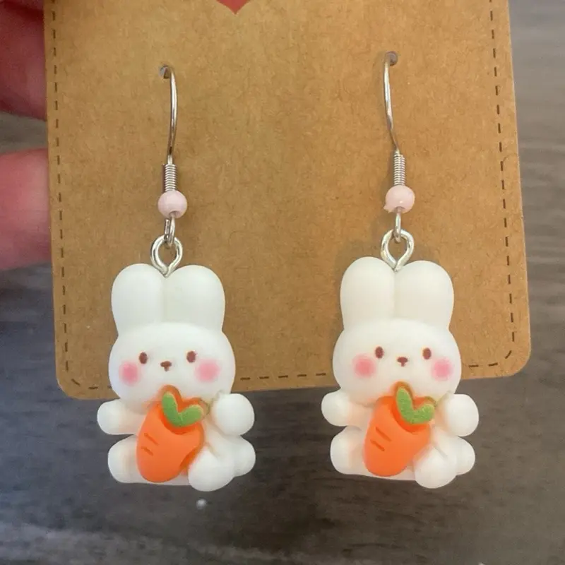 Bunny Charm Earrings - Easter Bunny Design with Carrot Detail, White Color, Simple and Cute Style