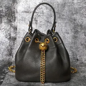 Ladies' First-Layer Cowhide Bucket Bag, Genuine Leather Handbag with Golden Hardware, Detachable Shoulder Strap with Chain Decoration, Elegantly Stylish Design, Multifunctional Fashion Accessory |     Elegant Design |     Vegan Handbag