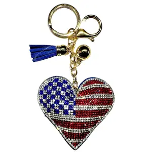 American Flag Heart Bling Keychain, Rhinestone design, Tassel Decor Sport Keychain for Men, Women, Kids Bling Backpack Keyrings, Purse Charms