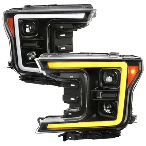 2018-2020 Ford F-150 Amber LED C-Bar Projector Headlights w/ Switchback Sequential Turn Signal Lights (Matte Black Housing / Clear Lens)
