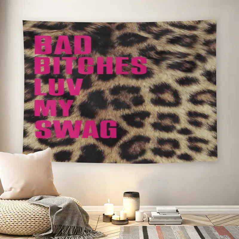 Bad B*tches Luv My Swag Leopard Print Wall Flag, Bold Pink Text, Mid-century Modern Black Manga Style, Y2K Streetwear Vibe, For Adult Fans, Attitude Quote Decor, Wall Hanging Decor, Teen Bedroom, Dormmusic comics wall flags