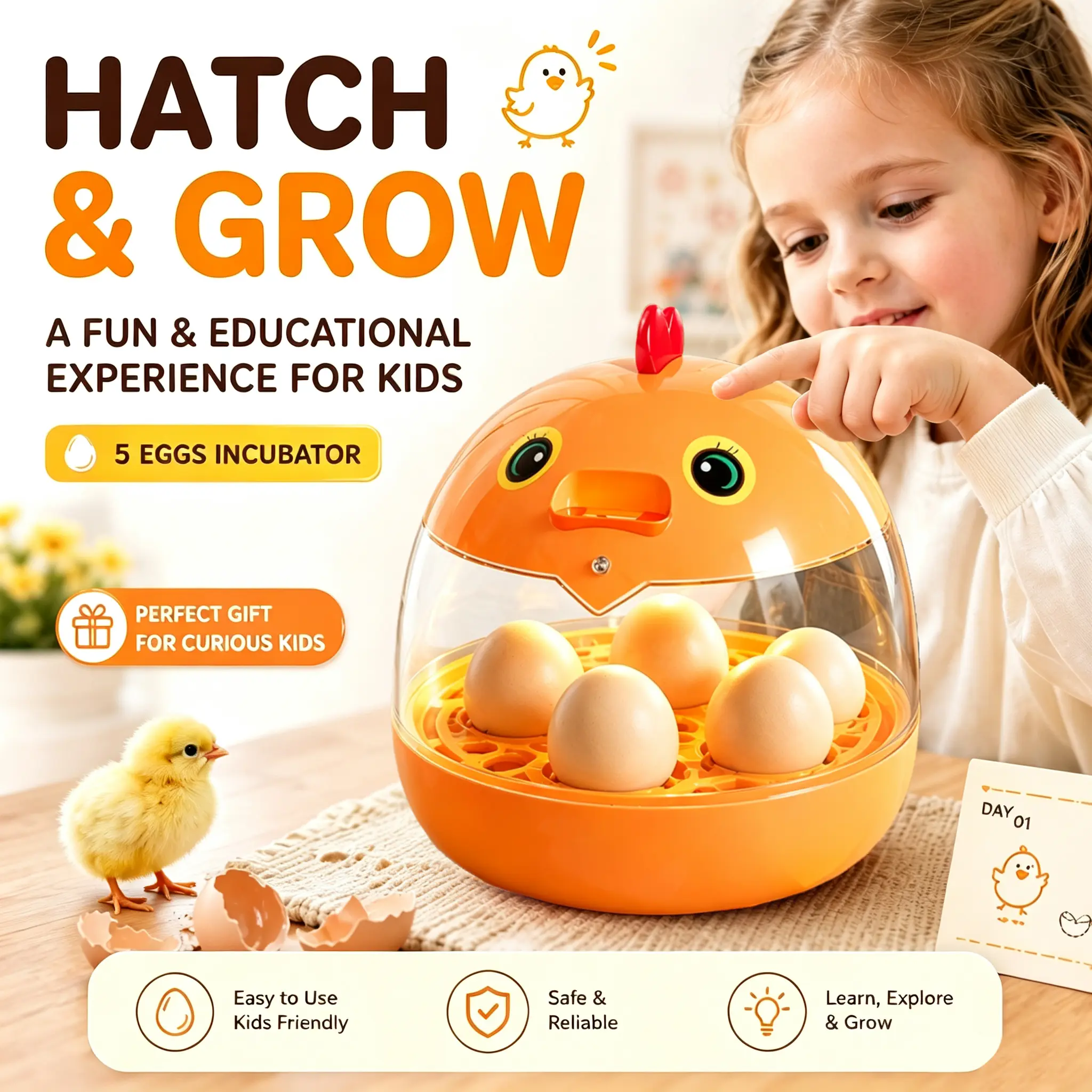 5 Egg Mini Poultry Incubator - Compact Automatic Hatching Machine with 360° Clear View Dome, Smart Temperature Control for Chicken, Quail, and Duck Eggs, Farm & Homestead Accessories