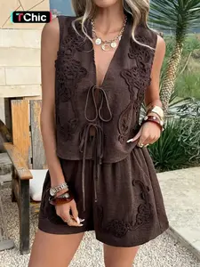 Women's V-Neck Lace-Up Sleeveless Crop Top and Shorts Set, Casual Loose-Fit Plain Two-Piece Outfit for Daily Wear, Basic, Coord Set, Versatile, Comfort, Style, Essential, Trendy, Chic, Elegant, Classy