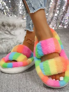 Rainbow Striped Plush Slippers Thick Sole Open Toe Home Wear Women's Shoes Comfortable Outdoor Indoor Footwear