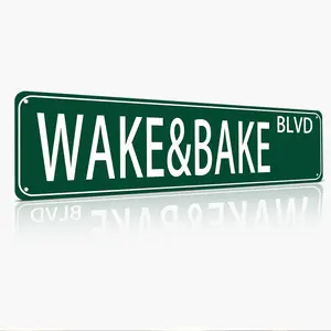 Wake & Bake Blvd Metal Aluminum Sign - Funny Vintage Weed Marijuana Wall Art Decor, 16x4 Inch  Street Sign for Home Bar Cafe Garage Indoor/Outdoor, Humorous Gift for Mother'S Day Father'S Day Graduation 4th of July, Vintage Metal Aluminum Sign
