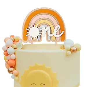 The Sun Wooden Cake Topper - Boho Theme 1st/First Birthday Party Decoration,Hippie Rainbow Baby Shower Supplies for Baby Boys Girls (boho sun topper)