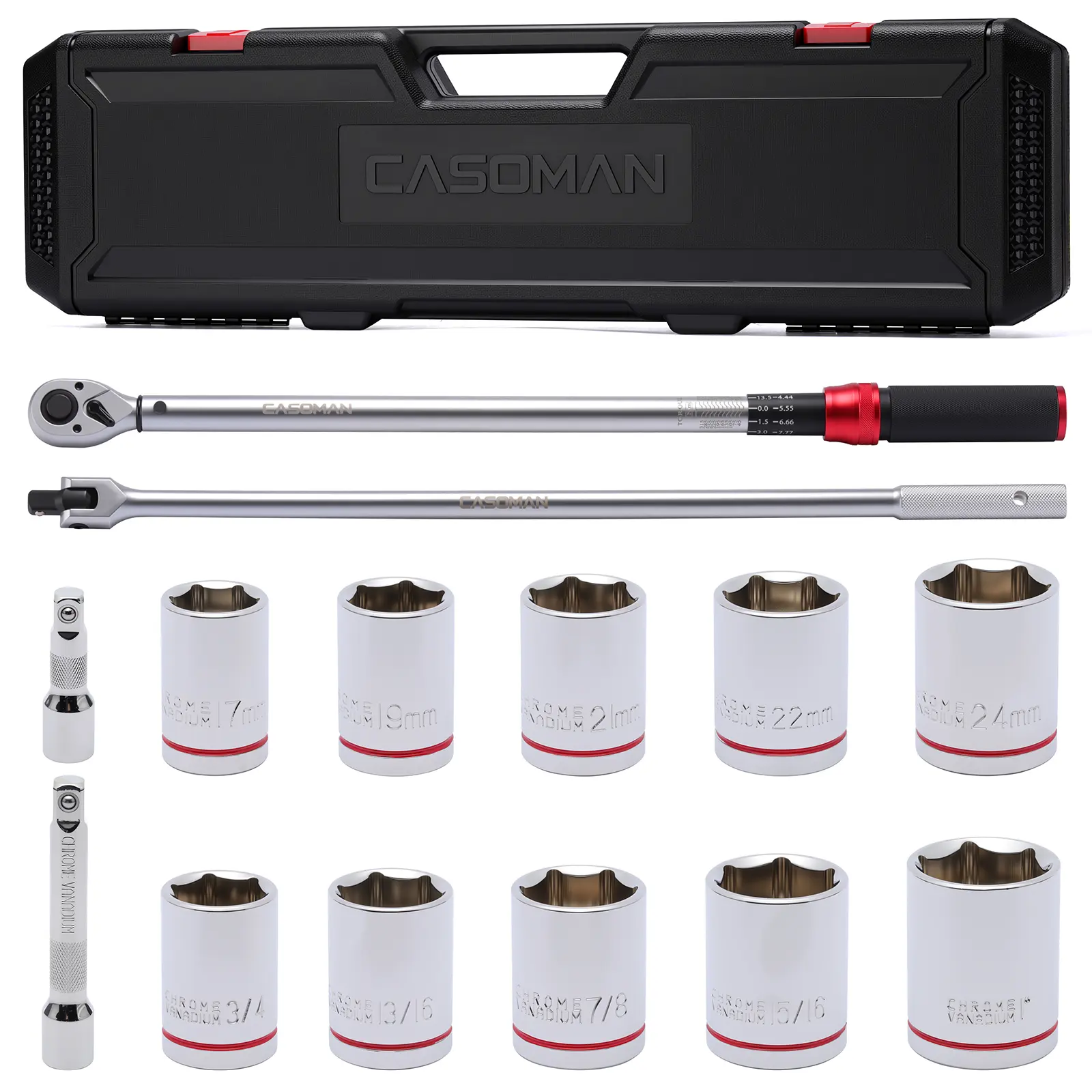 CASOMAN 14-Piece 1/2 Inch Quick Release Ratchet Torque Wrench Set - ±3% Accuracy, 72-Tooth Ratchet, Corrosion Resistant, 10 Socket Set, 180° Swivel Reach, Breaker Bar, Extensions, 22.2-244.2 FT-LB/30-330 Nm, Loud Click, for Automotive Tire Repair