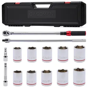 CASOMAN 14 PCS 1/2 Inch Click Torque Wrench Set,22.2-244.2 FT.-LB/30-330 Nm, ±3% Accuracy, 72-Tooth Dual Scale Torque Wrench Kit, with Breaker Bar & Extensions & Sockets, for Automotive Tire Repair fathersdaygift