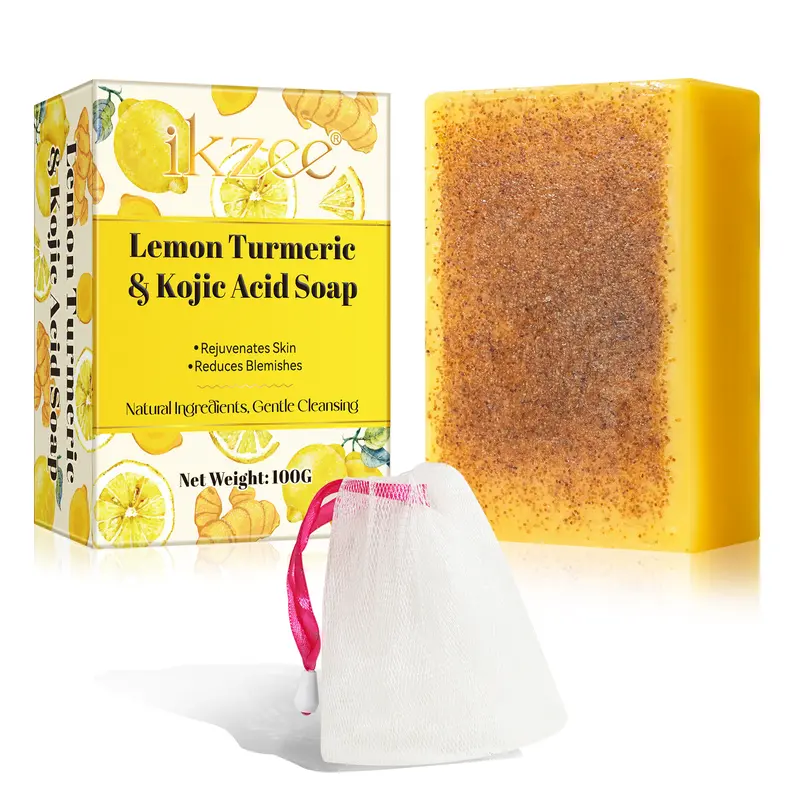 【Ikzee】Turmeric Soap Bar - Amino Acid Lemon Anti-Acne Dirt Removal Cleanser with Tartaric Acid Exfoliating Scrub, All Skin Types Skin Care for Adults, 100g Face & Body Bath Soap