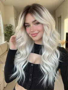 22 Inch Dark Root to Blonde Body Wave Synthetic Wig, Medium Length Curly Hair, All Seasons, Synthetic Material Wigs