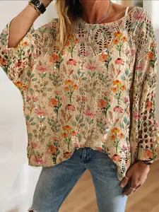 Women's Boho Chic Floral Knit Top, Loose-Fitting Batwing Shoulder Design, Casual Elegant Vacation Style, Comfortable Breathable Sweater