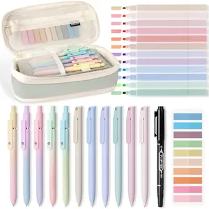 35 count Aesthetic School Supplies, Pencil Case with 12  Highlighters, 5 Black Ink Pens, 6 Colored Ink Pens, 200 Sheets Sticky Tabs and Markers,  Study Supplies Annotation Kit (Green)