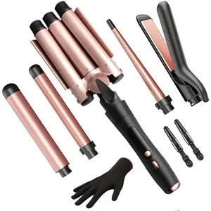 5 in 1 Wand Curling Iron-Kinked Curling Wand Set, with Flat Iron Hair Straightener, 3 Barrels Hair Crimper, 3 Ceramic Curling Irons (0.35"-1.25"), Fast Heating Hair Wand Curler in All Hair Type