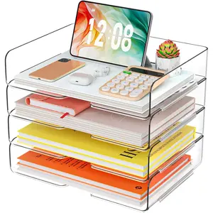 4 Trays Paper Organizer Letter Tray - Acrylic Desk File Organizer, Stackable Clear Paper Holder Sorter Office Organizer for Letter/A4 Office File Ipad Books Notes Etc