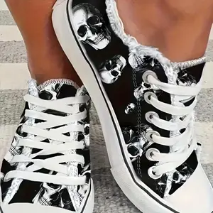 Women'S Lightweight Casual Sneakers with Skull & Floral Print - White & Black Low-Top Lace-Up Shoes, Breathable Fabric Upper, Cushioned Support, All-Season Comfort for Casual Attire, Casual Footwear | Skull Print Shoes | Cushioned Comfort