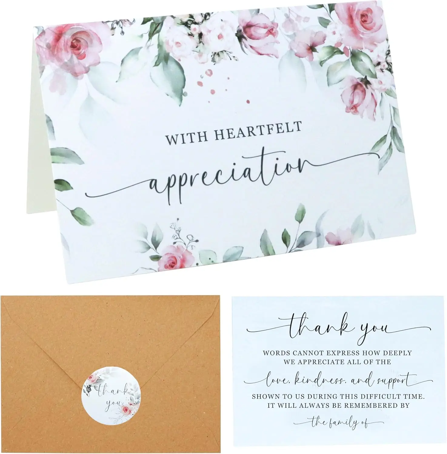 48-Pack Blush Pink Sympathy Thank You Cards with Envelopes, Floral Stickers, Heartfelt Messages - Premium Matte Paper, Elegant Bereavement Office Stationery for Friends and Family to Express Gratitude