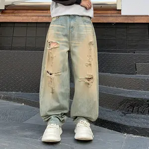 Vintage Washed Distressed Jeans for Men, Destroyed Ripped Denim Pants with Oversized Wide-Leg Fit, Retro Streetwear Style, Casual Comfortable Daily Outfits for Trendy Urban Looks