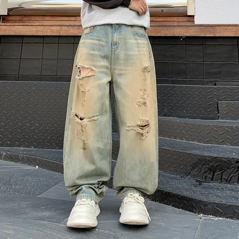 Men's Vintage Ripped Polyester Wide-Leg Jeans - 90s Oversized Full-Length Denim with Distressed Wash, Casual All-Seasons Retro Streetwear Bottoms