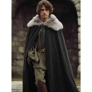 Rustic Medieval Hooded Cape with Artificial Fur Trim, Full-Length Black Witch Cloak, Hobbit Style, Renaissance Festival Costume for Halloween and Cosplay Events Womenswear Accessories