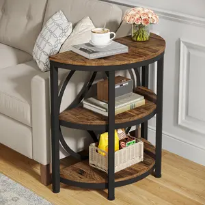 Tribesigns Half Round End Table, 3-Tier Narrow Side Table with Metal Frame, Half Circle Table, Half Moon Small Coffee Accent Table Bedside Table for Living Room, Bedroom, Rustic Brown , Space Saving End Table