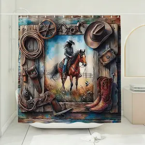 Western Cowboy Horse Riding Shower Curtain Set, Blue Multi-Color, Includes Plastic Hooks, Non-Slip Mat, U-Shaped Toilet Pad