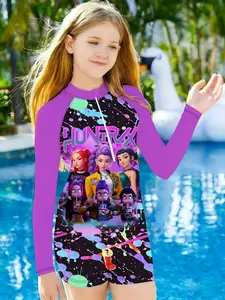 Girls Kpop Idol Series Long Sleeve Jumpsuit, Spring Summer Quick-Dry Swimwear, Cartoon All-Over Print, Beach Vacation Clothes