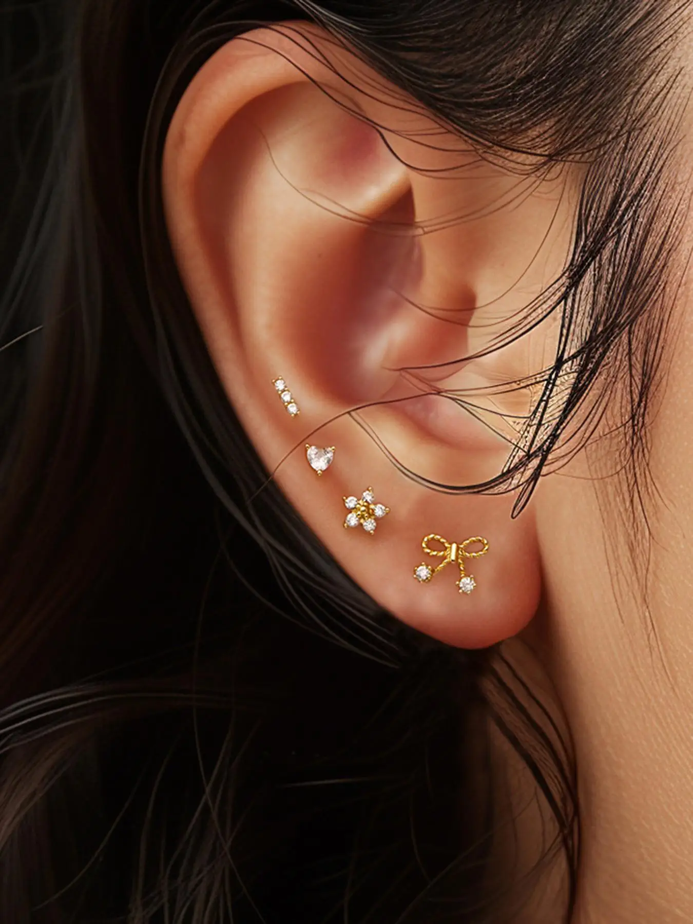 925 Sterling Silver Cute Bow & Heart & Flower Design Studs Earrings, Fashionable Rhinestones Decor Earrings for Women & Girls, Trendy All-match & Exqu