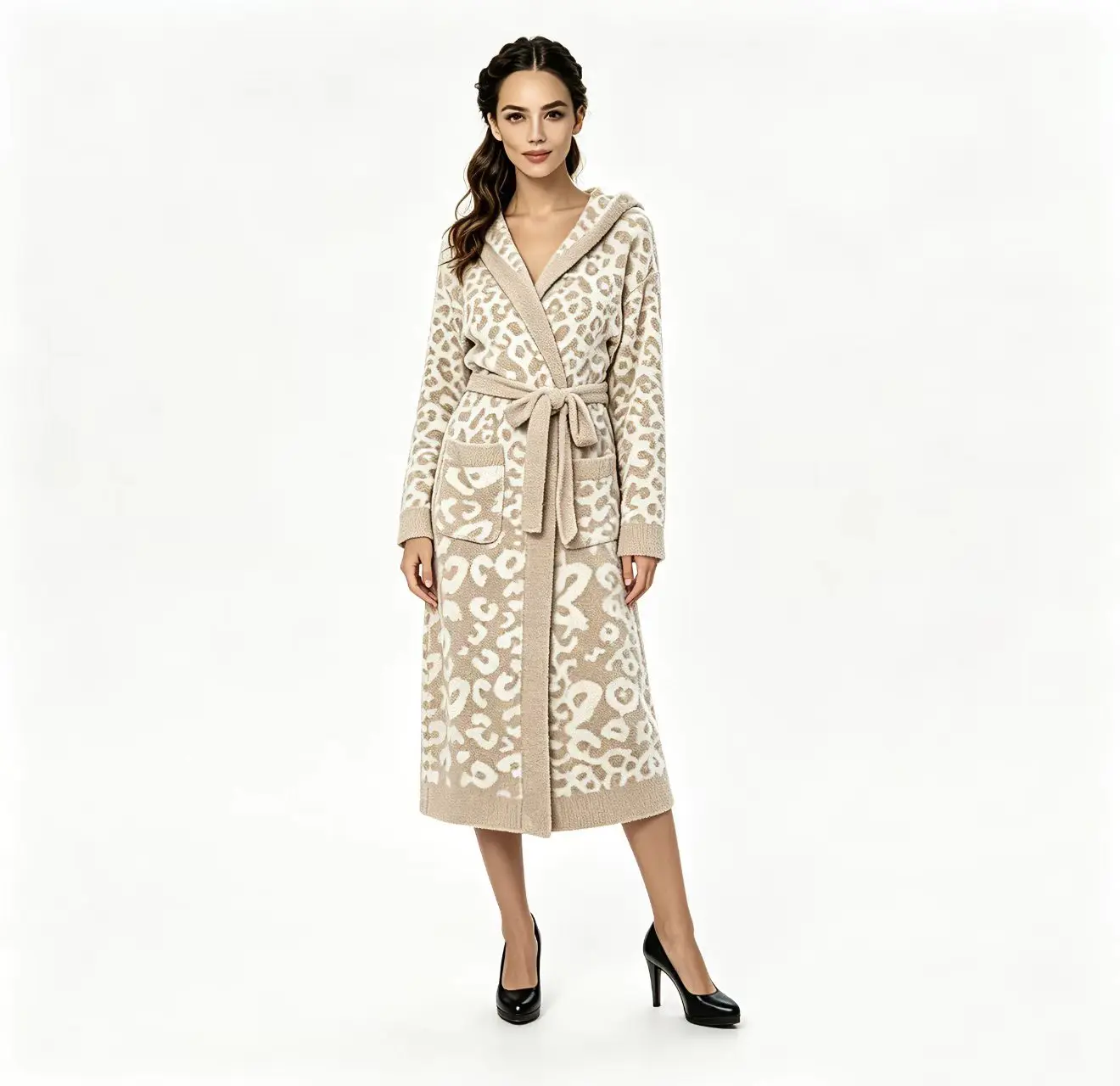 Ultra Soft Vneck Plush Fuzzy Robe with Pockets Long Sleeve Calf-Length Polyester Microfiber Spa Bathrobe Loungewear for Women Adjustable Waistline Christmas Eve Outfit Casual DressFabric, Womenswear, Belt, Hoodie, Ribbed, Nightwear, Thick, Basic Vneck